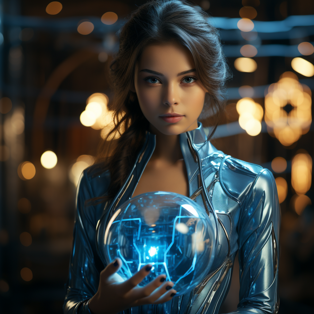 Female professional holding a glowing sphere, symbolizing digital innovation and future growth